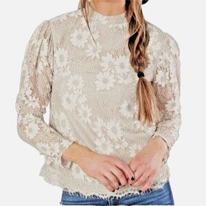 Gimmicks  Floral Long Sleeve Tan Blouse Womens back Button Chic Romantic Sz S